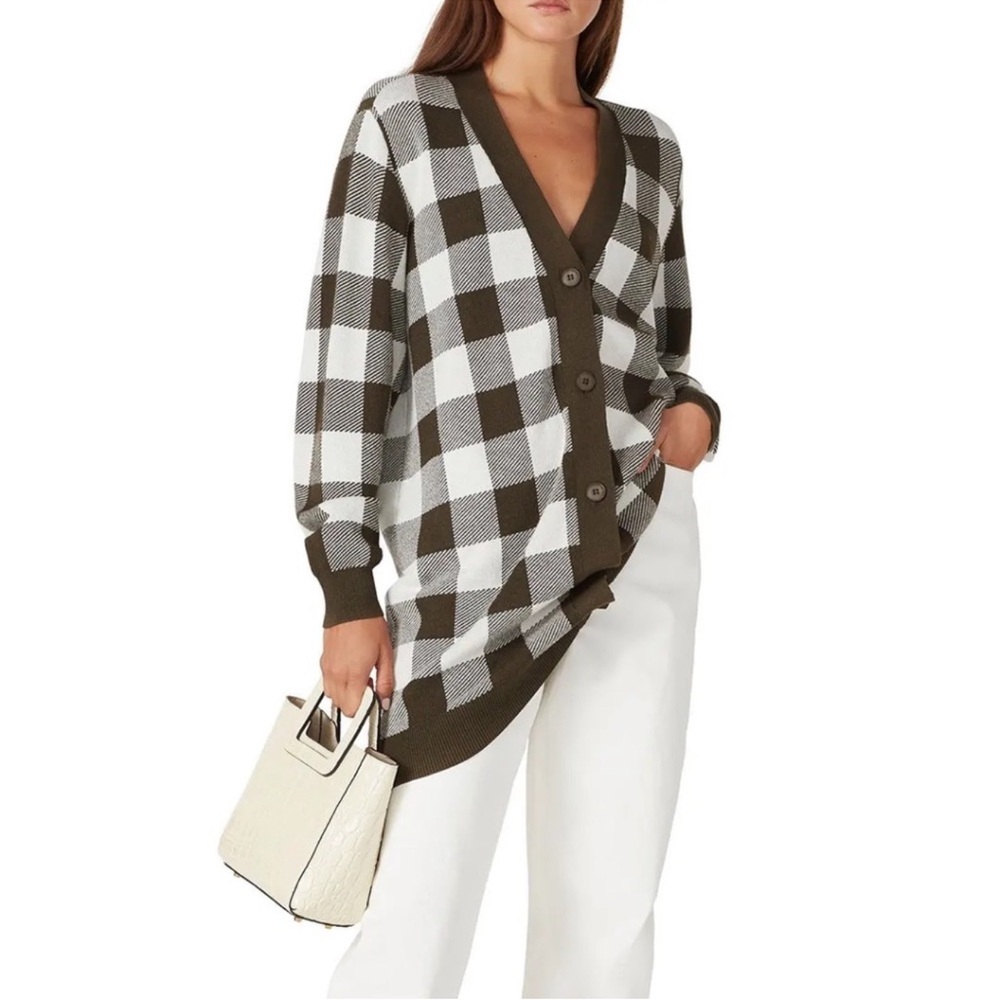 Anthropologie Sita Murt Brown & White Checkered Cardigan Size Large